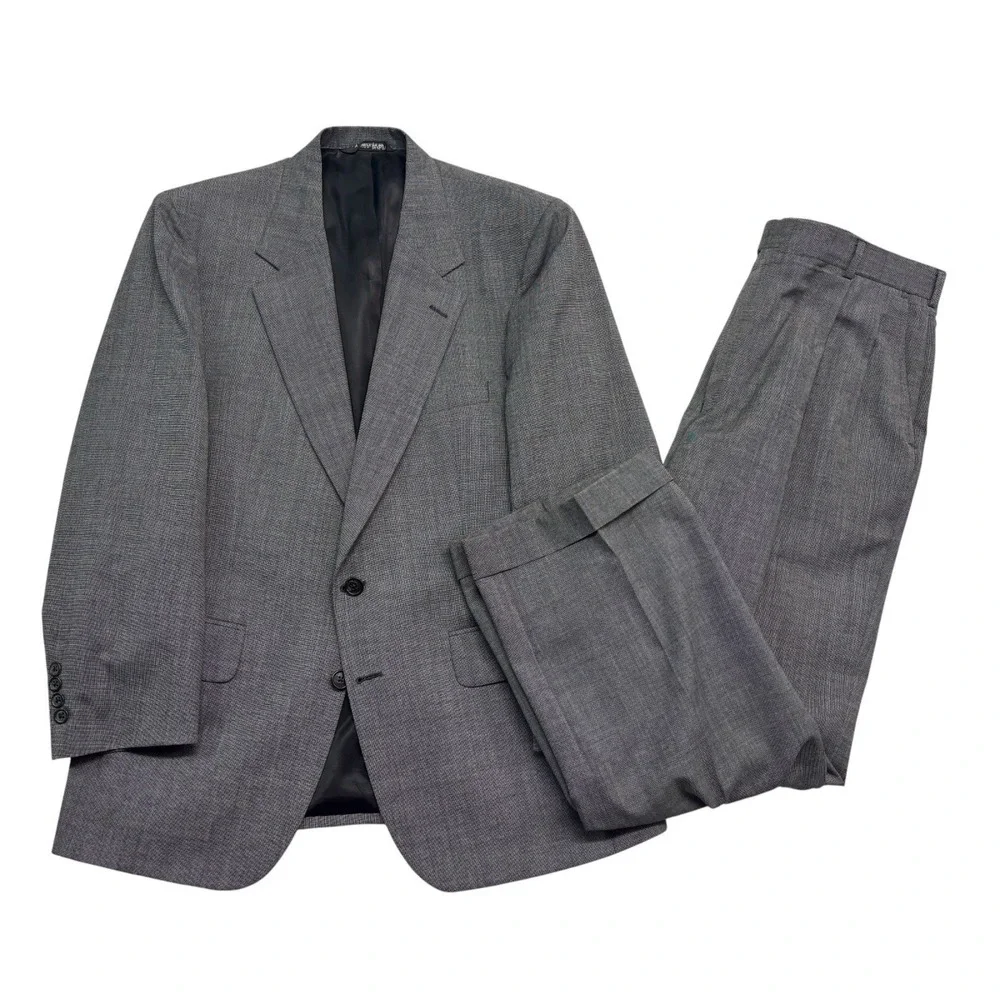 vtg 90s USA Made 40S 34x29 Gray 2pc Pant Suit Pleated Cuffed High Waisted Wool